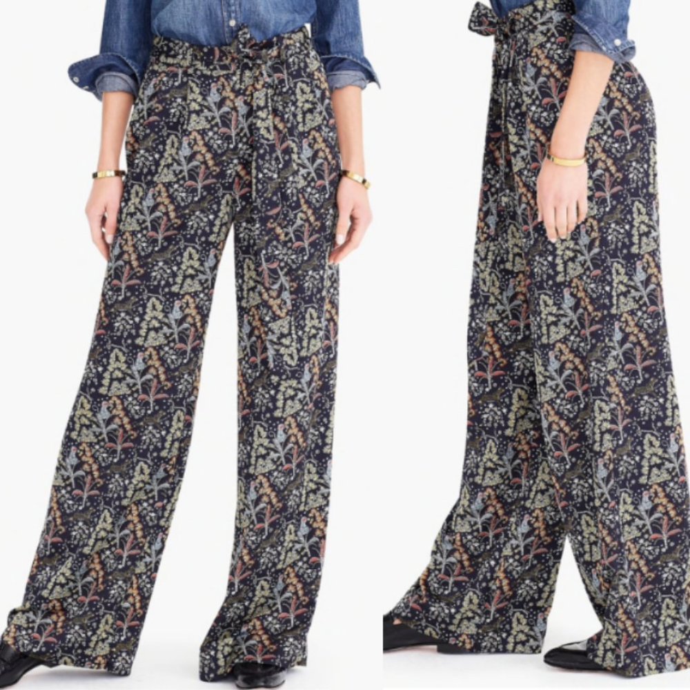 J. Crew Point Sur Satin-Back Wide Leg Monkey Jungle Print Pants
